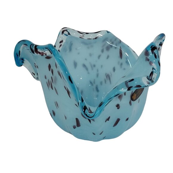 Murano Free Form Hand-Blown Blue Black Speckled Glass Vase Bowl Tulip Flower - Picture 10 of 10